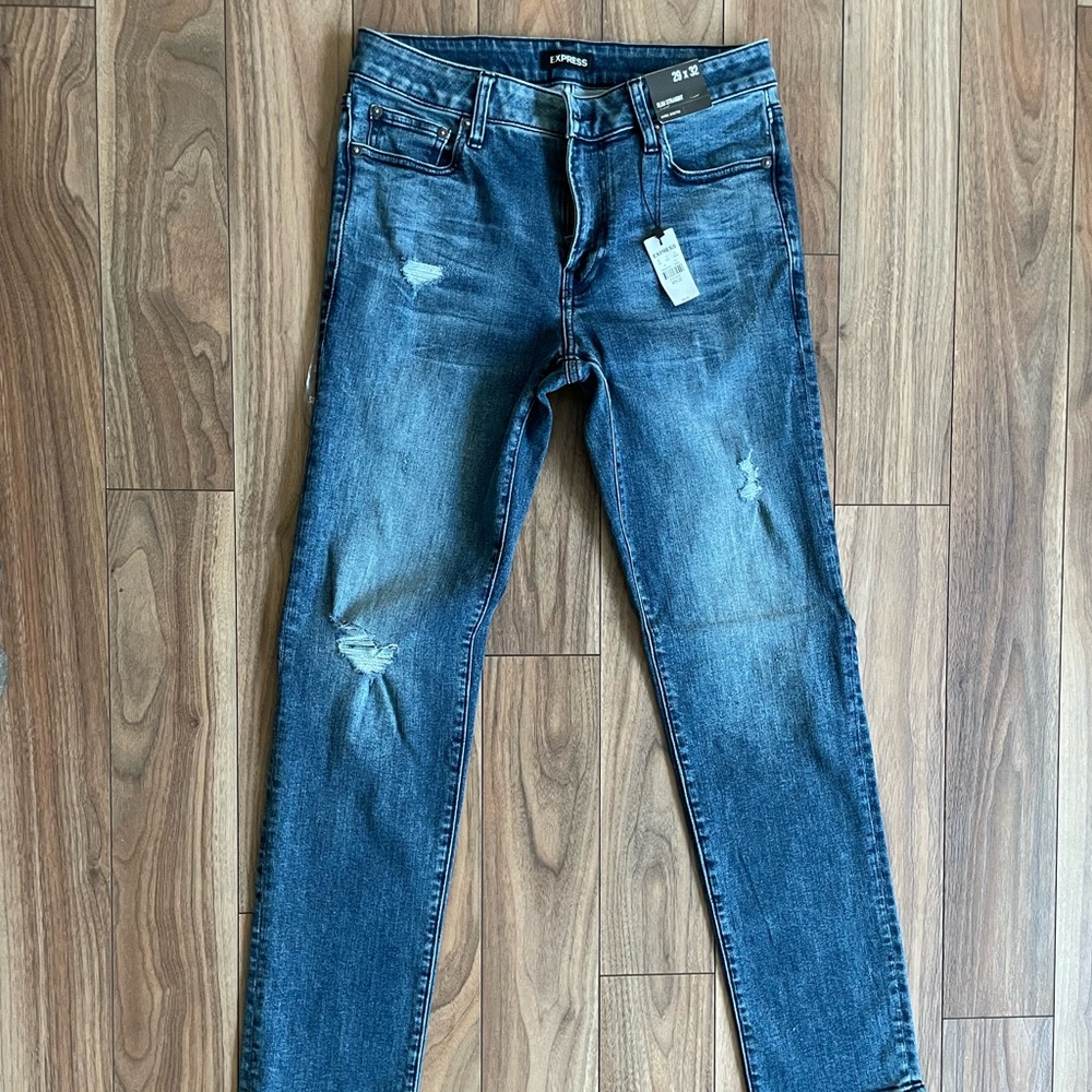 Express Slim Straight Medium Wash Ripped Hyper Stretch Jeans Size 29 X 32
